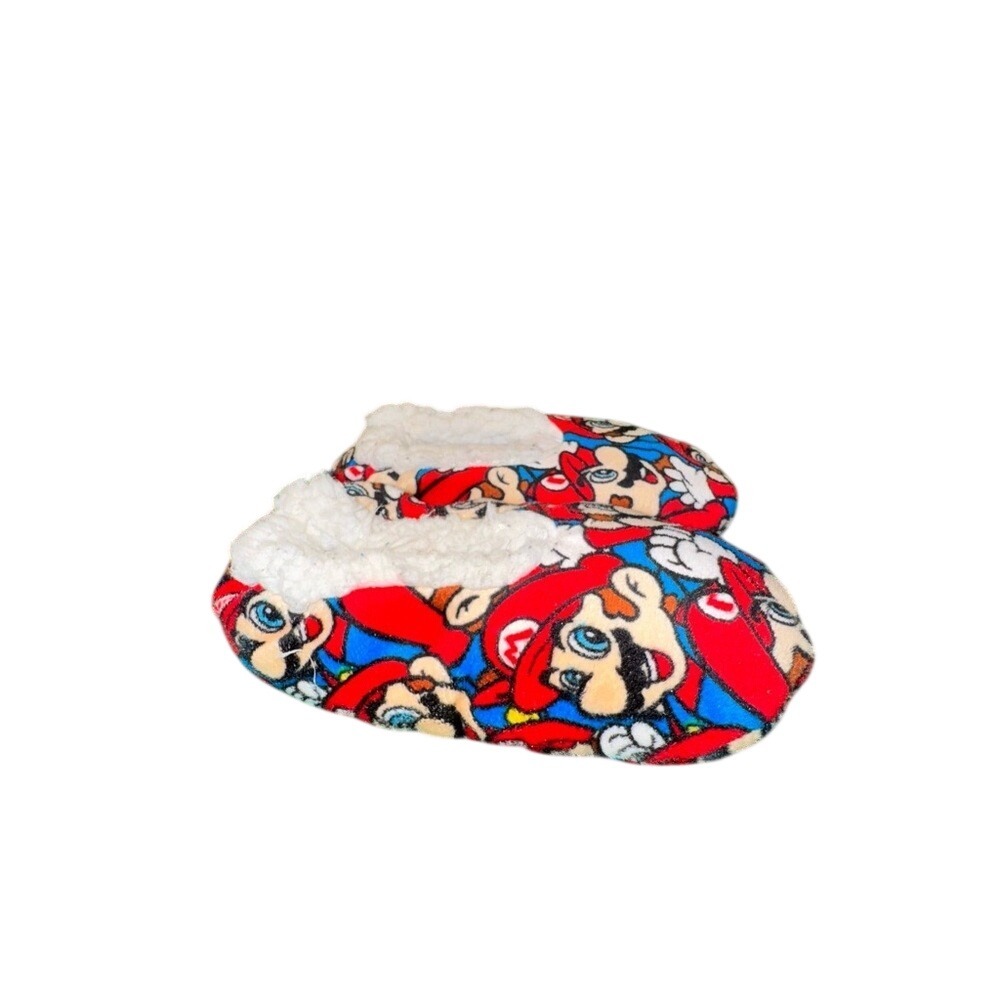 Nintendo Super Mario Boys Print‎ Slippers Faux Sherpa Lining Blue Red S/M